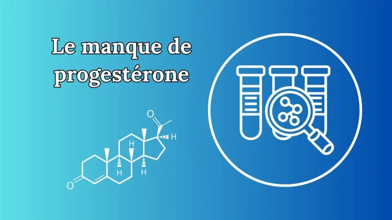 Visuel symbolisant le manque de progestérone, avec une loupe sur un symbole de prise de sang et la formule chimique de la progestérone sur fond bleu. Illustration du lien entre analyse hormonale et déséquilibre du cycle.
