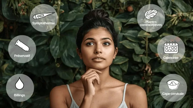 Illustration d’une femme réfléchissant aux différentes méthodes de contraception naturelle : symptothermie, Billings, préservatif, plantes, calendrier et cape cervicale