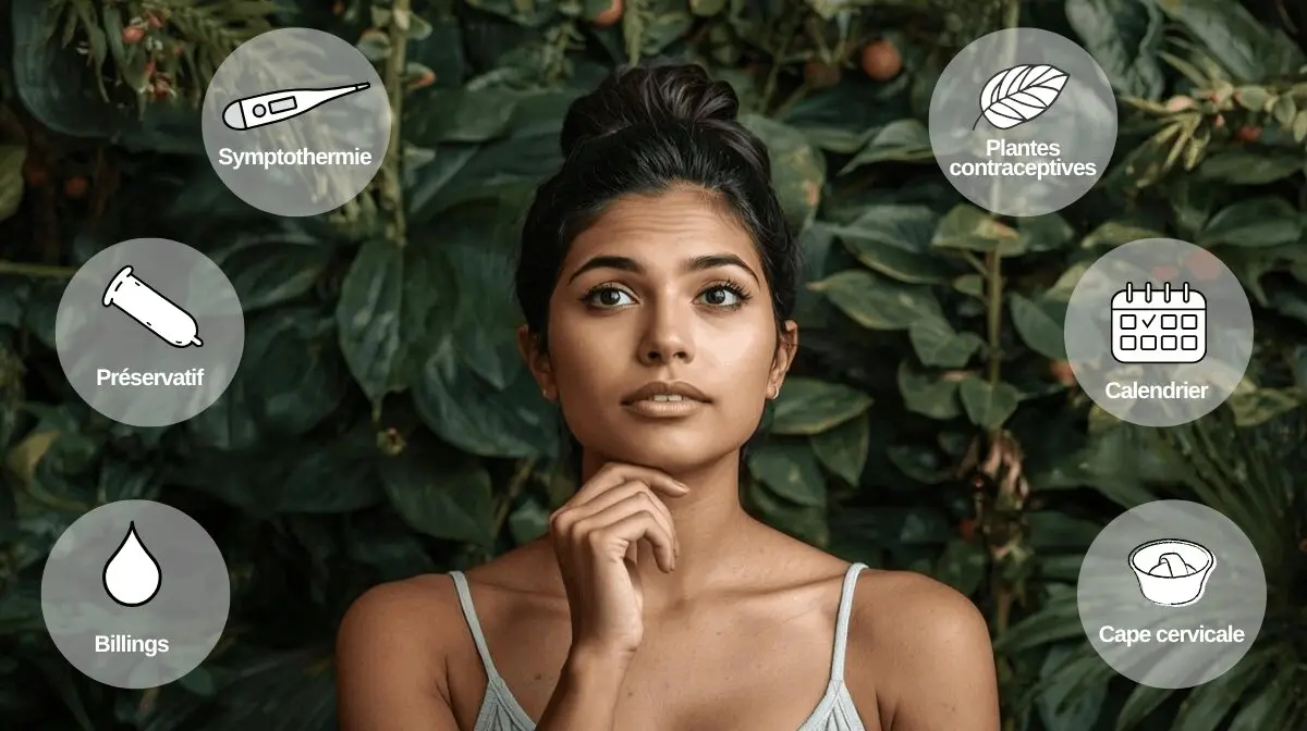 Illustration d’une femme réfléchissant aux différentes méthodes de contraception naturelle : symptothermie, Billings, préservatif, plantes, calendrier et cape cervicale