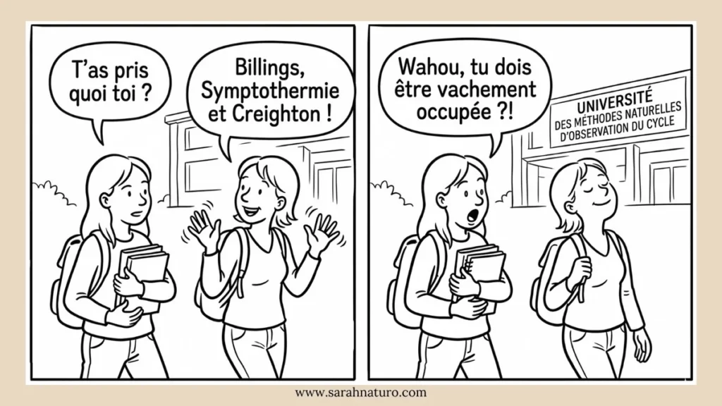 Illustration humoristique de deux femmes parlant des méthodes d’observation du cycle comme la symptothermie, Billings et Creighton