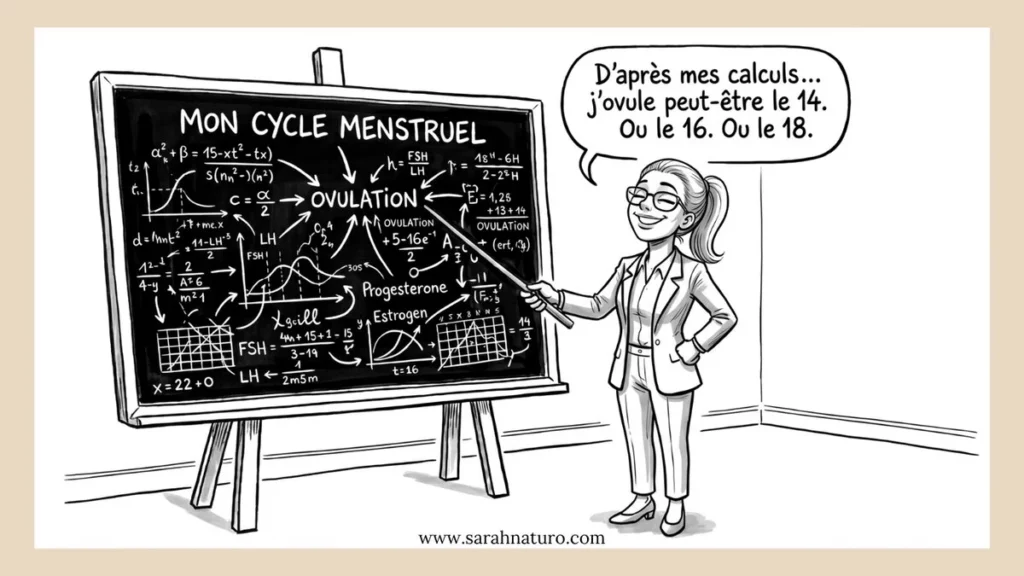 Illustration humoristique d’une femme faisant des calculs pour prédire son ovulation