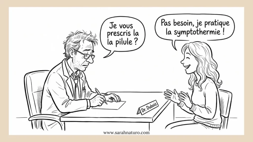 Illustration humoristique d’une femme refusant la pilule et mentionnant la symptothermie comme méthode contraceptive