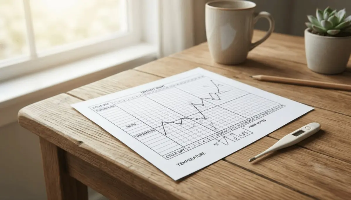 Cyclographe posé sur une table en bois avec un thermomètre, utilisés pour observer les signes du cycle menstruel.