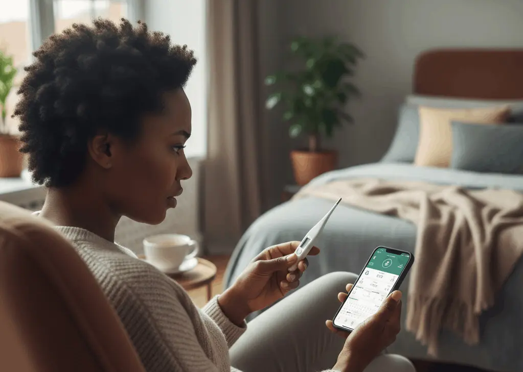 Femme en post-pilule tenant un thermomètre basal et un téléphone, pratiquant la symptothermie avec un cycle irrégulier après l’arrêt de la contraception hormonale
