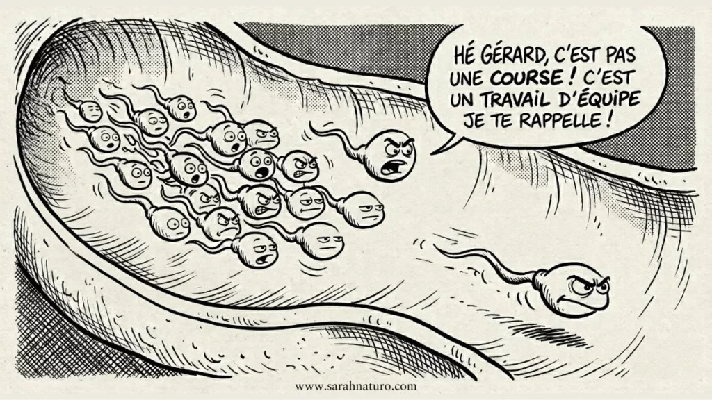 Illustration humoristique de spermatozoïdes en course, l'un en tête se fait rappeler par les autres que la fécondation est un travail d'équipe