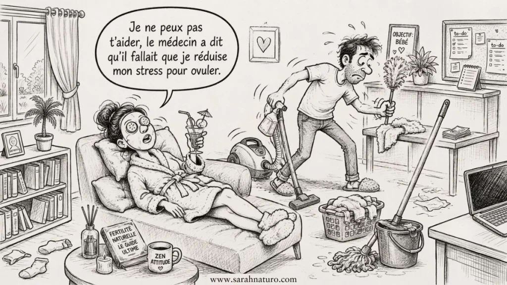 Illustration humoristique d'une femme en peignoir sur son canapé avec des concombres sur les yeux et un cocktail, pendant que son conjoint fait le ménage seul, sous prétexte de réduire son stress pour ovuler