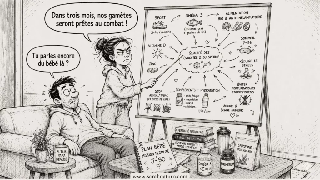 Illustration humoristique en noir et blanc d'une femme déterminée présentant un plan de préparation à la conception devant un tableau rempli de flèches, face à son conjoint surpris assis sur le canapé