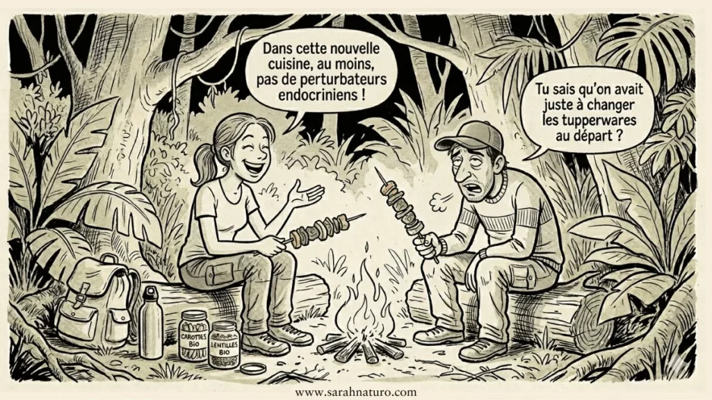 Illustration humoristique en noir et blanc d'un couple cuisinant des brochettes dans une jungle comme si c'était leur nouvelle cuisine, pour éviter les perturbateurs endocriniens du quotidien